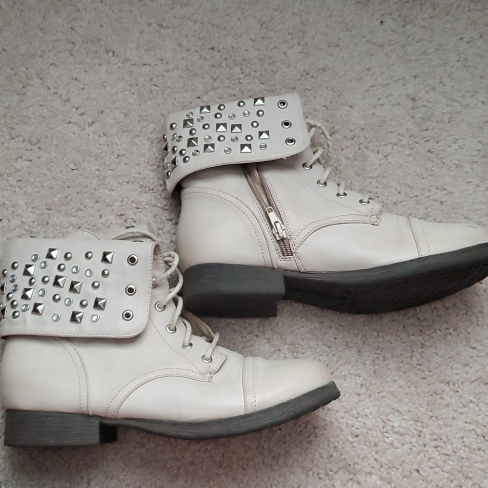 Cream Studded Combat Boots